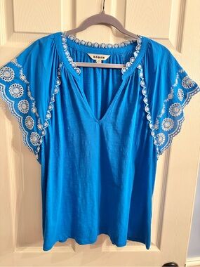 Boden Cobalt Blue V-Neck Embroidered Flutter Sleeve Top